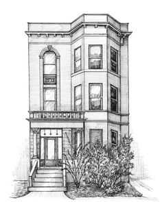 a drawing of a building with stairs leading up to the front door and steps down to the second floor