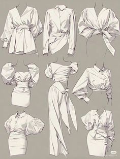 an image of women's blouses and dresses drawn in pencil on white paper