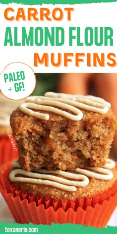 carrot almond flour muffins with white frosting on top and text overlay