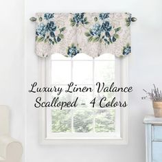 luxury linen valance scalloped - 4 colors in blue and white florals