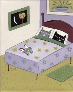 a painting of a bed with two cats sleeping on top of the bedspread