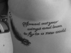 a woman with a tattoo saying spread out your wings and learn to fly into a new world