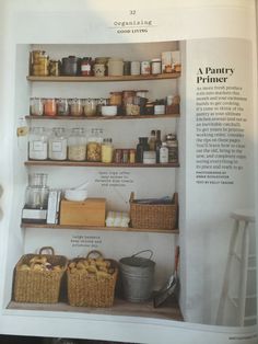 an open book with shelves filled with jars and containers