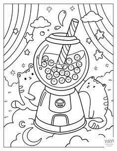 a coloring page with an image of a gummy machine in the sky and rainbows