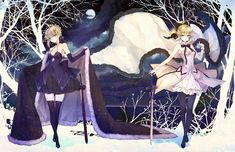 two anime characters standing next to each other in the snow with trees and moon behind them