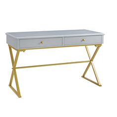 PRICES MAY VARY. Metal base with gold finish Grey painted top Two storage drawers with smooth metal glides. Top and drawers fully assembled; metal legs require simple assembly Overall dimensions: 47.37"w x 19.37"d x 29"h Wood And Metal Desk, Trestle Desk, Campaign Desk, Chic Desk, Frame Desk, Grey Desk, Home Office Furniture Desk, Metal Desks, Modern Elements