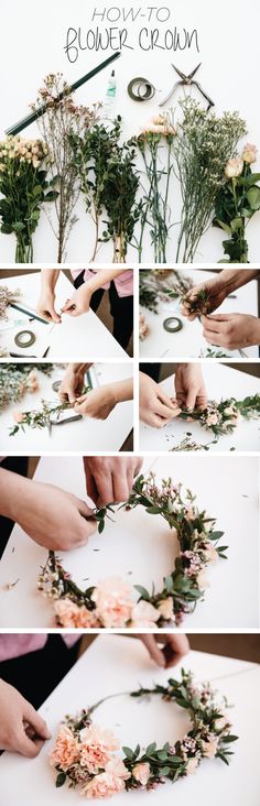 flower crown being made with dried flowers and greenery for an easy diy project