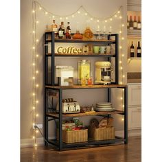 a coffee bar with lights on the wall and shelves filled with drinks, condiments, and other items