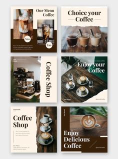 the coffee shop brochure is displayed in four different colors and sizes, including one with