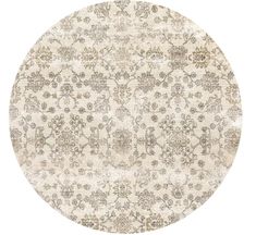 a round rug with an ornate pattern on the top and bottom, in beige tones