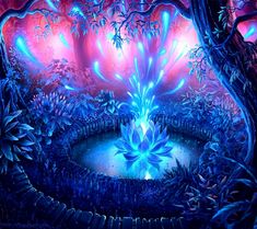 an artistic painting of a blue flower surrounded by trees and water with bright lights in the background