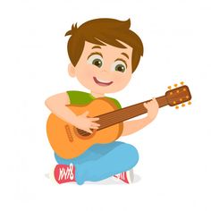 a little boy sitting on the floor playing an acoustic guitar with his hands and smiling