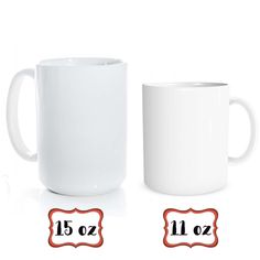 two white coffee mugs sitting next to each other