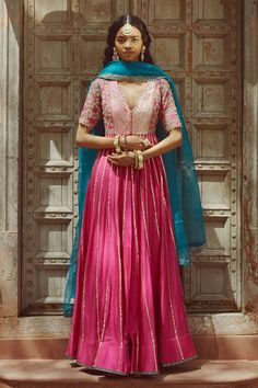 Shop for these amazing collections of Pink Chanderi Embroidered Gota Patti V Neck Anarkali Set For Women by Pratibha Sultania online at Aza Fashions. Stripes Kurti Designs Latest, V Neck Anarkali, Pink Anarkali Suits, Lehenga Saree Design, Heavy Dresses, Embroidered Anarkali, Bollywood Dress, Anarkali Dress Pattern, Latest Dress Design