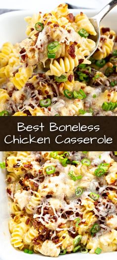 the best boneless chicken casserole with peas and cheese in a white dish