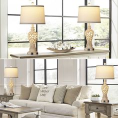 three different views of a living room with couches and lamps