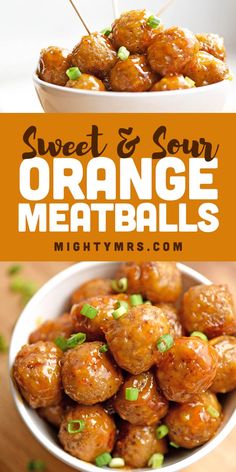 sweet and sour orange meatballs in a white bowl