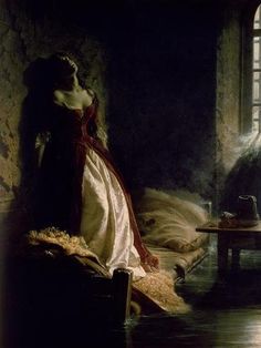 a painting of a woman in a white and red dress standing next to a bed