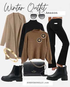 Winter outfit idea from Amazon // camel coatigan // chelsea boots // lug boots // bootcut yoga pants // black crossbody // gold bracelet // quay mini aviators // petite yoga pants // black and camel outfit idea Follow my shop @everyday.holly on the @shop.LTK app to shop this post and get my exclusive app-only content! #liketkit #LTKshoecrush #LTKunder50 #LTKstyletip @shop.ltk https://liketk.it/3Yrpj Fall Outfit Chelsea Boots, Black Pants Boots Outfit, Black Chelsea Boots Outfit Women Work, Black Chelsea Boots Outfit Women Winter, Leggings Chelsea Boots Outfit, Black Coatigan Outfit, Black Chelsea Boots Outfit Winter, Chelsea Boots Outfit Women Work, Chelsea Boots Work Outfit