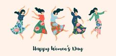 happy women's day greeting card with four girls in floral dresses and the words happy women's day