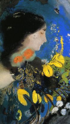 a painting of a woman with yellow flowers in her hand and blue sky behind her