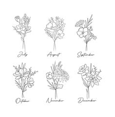 six different types of flowers are shown in black and white, with the names of each flower