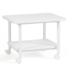 a small white table with wheels on the bottom and one shelf below it, against a white background