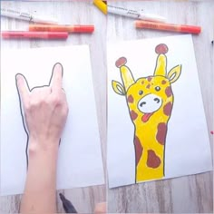 two children's drawings of giraffes with colored pencils