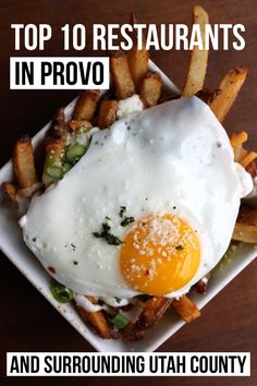 an egg is on top of some french fries with the words utah county written below it