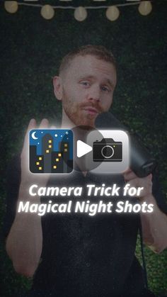 a man holding a microphone in front of a screen with the words camera trick for magic night shots