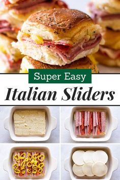 These easy Italian Sliders are a delicious addition to any party spread or for Game Day! Sweet rolls, Italian meats, melted cheese, and banana peppers come together in this tasty recipe. Pop over to my site and try them today! Italian Sandwich Sliders, Easy Italian Sliders, Italian Sandwich Recipe, Shrimp Appetizers Easy, Sandwich Sliders, Italian Sliders, Italian Appetizers Easy, Italian Sandwiches, Easy Bruschetta