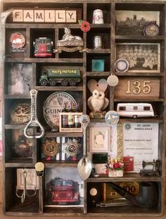 an old wooden box filled with lots of assorted items and magnets on top of it