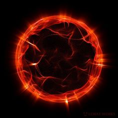 an orange circular object with bright lights in the center on a black background that appears to be made up of circles and lines