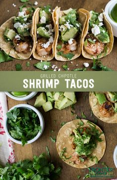 grilled shrimp tacos with avocado salsa and cilantro on the side