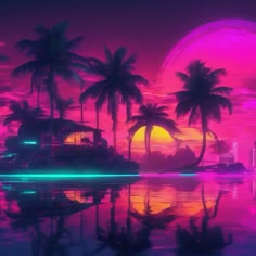 an island with palm trees and neon lights in the water at sunset or sunrise time