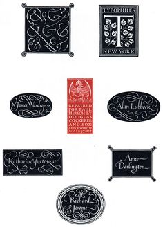 some black and white labels with different designs on them, including one for the new york city