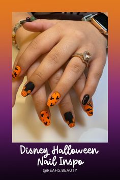 From Cute to Spooky: Disney Halloween Nail Inspo for Every Fan! Black And Orange Nails, Spooky Disney, Disney Halloween Nails, Scary Nails, Mickey Pumpkin, Pink Sparkles, Mickey Balloons, Chic Halloween, Nail Pops