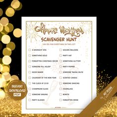 a golden and black holiday scavenger hunt with gold glitters in the background