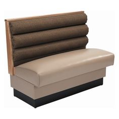 a tan and black bench with a wooden headboard on it's back end