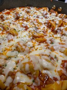 a pizza covered in cheese and sauce sitting on top of a pan