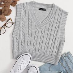 Grey Cropped Cable Knit Sweater. Never Worn! Green Long Sleeve White Vest, Waffle Knit Sweater Vest, Knit Vest Pattern Free, Cable Knit Sweater Vest, Cropped Cable Knit Sweater, Knit Vest Pattern, 사진 촬영 포즈, Knit Sweater Vest, Cropped Pullover