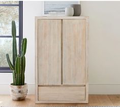 a wooden cabinet next to a cactus in a living room with a window behind it