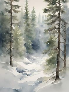 a painting of snow and trees in the woods