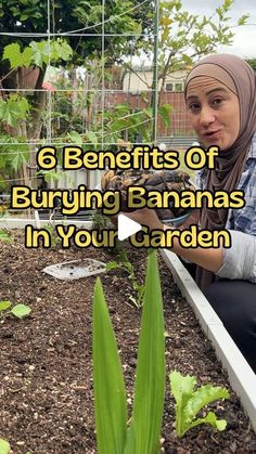 a woman sitting in a garden holding a baseball glove with the words 6 benefits of buying bananas in your garden