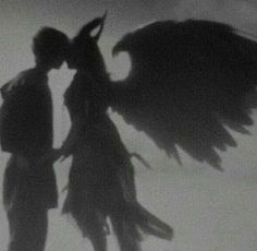 a man and woman kissing in the air with their wings spread out, silhouetted against an overcast sky