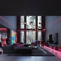 a modern living room with large windows and colorful lighting on the walls, along with black carpeting