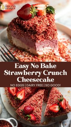 easy no bake strawberry crunch cheesecake on a plate