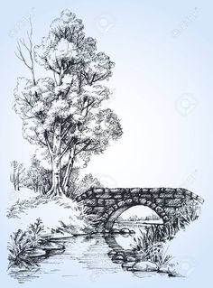 a drawing of a bridge over a river with trees on the bank and water flowing under it