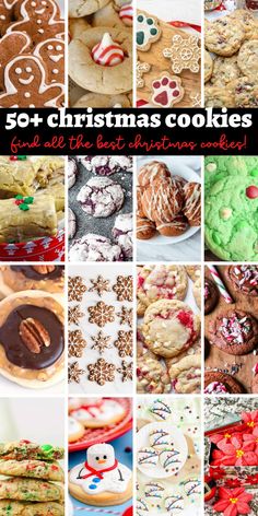 christmas cookies and desserts are featured in this collage with the words, 50 + christmas