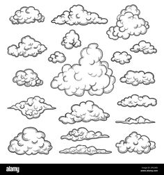 a set of clouds in the sky with different shapes and sizes, all drawn by hand